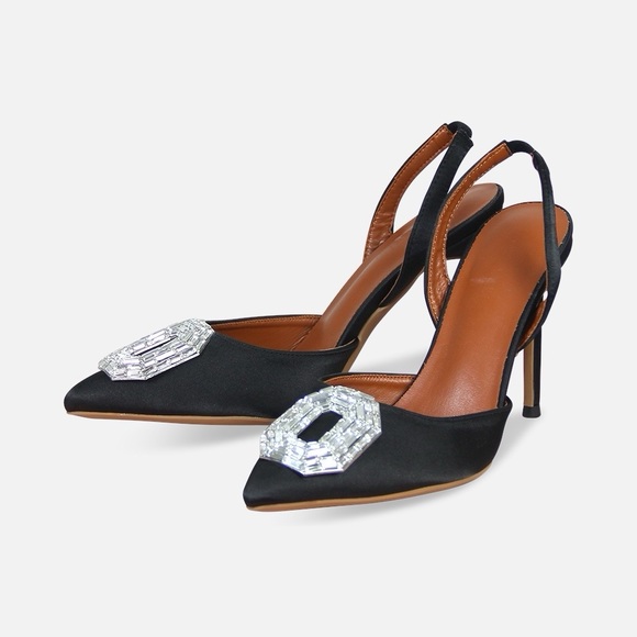 Amina Camelia Stiletto Slingback Pumps in Black Satin, Women, Black, Pumps, Heel - Picture 3 of 5